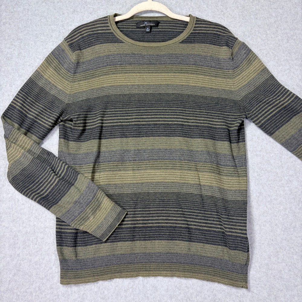 Marc Anthony Mens M Olive Green Charcoal Grey Striped Cashmere Blend Sweater